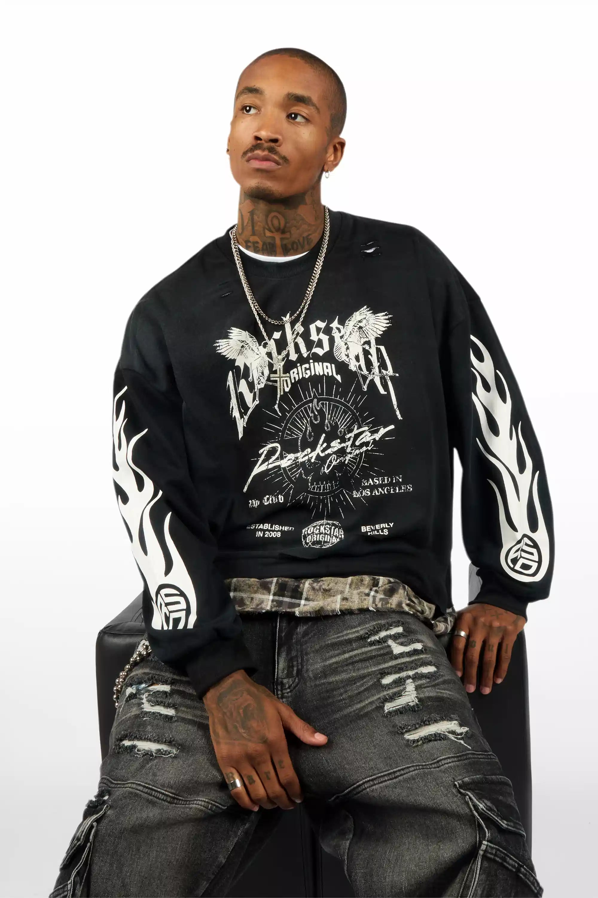 Hundo Black Graphic Flannel Crewneck - image 2